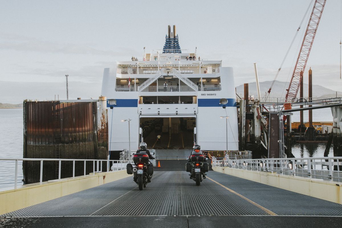 Motorcyclists embarking on ferry at Prince Rupert on Route 16
