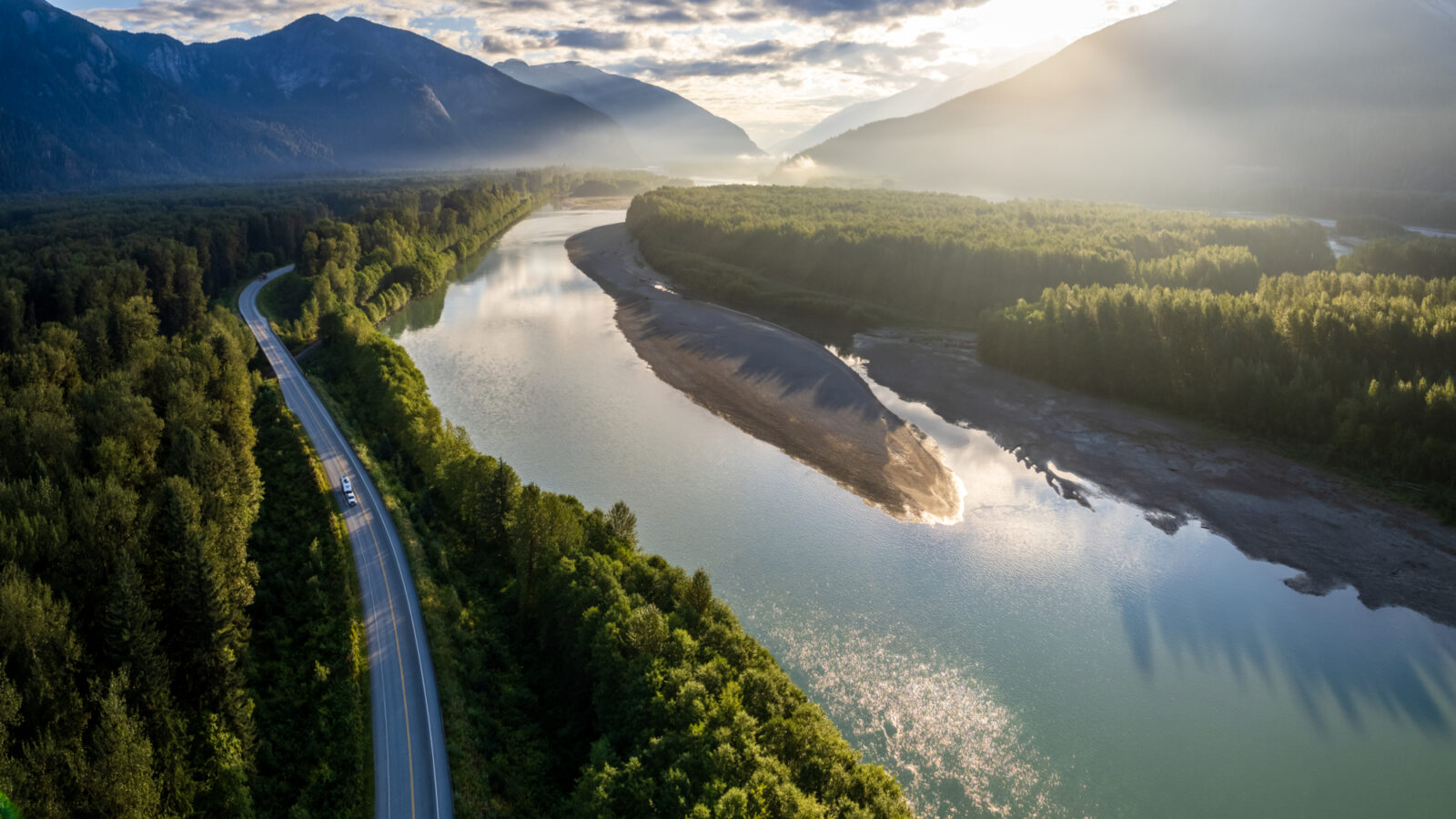 RV driving from Terrace to Prince Rupert on Highway 16, along the Skeena River.